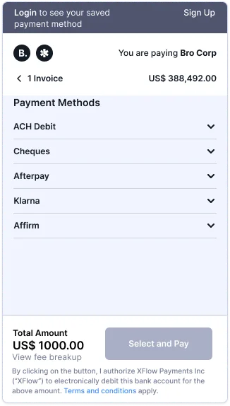 Payment method selection with ACH, card, and BNPL options