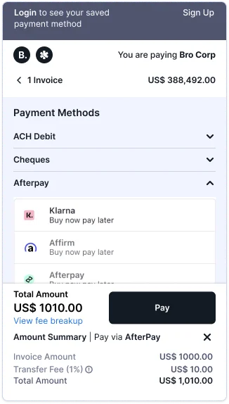 Afterpay payment details entry form